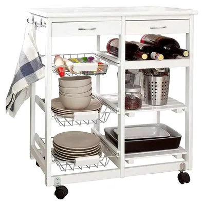 Produktbild von Küchenwagen aus Holz mit 2 Schubladen, Besteckkasten und Weinregal mit 5 Fächern, Weiß, Metall, Standard