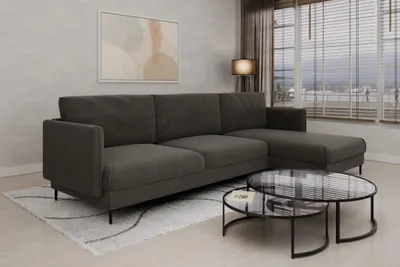 Productafbeelding van Eckbank Designersofa HELMER, bekleding Baloo, kleur Grijs, met hocker aan de rechterkant