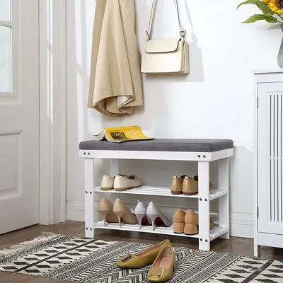 Produktbild von SONGMICS Schuhbank aus Bambus, Schuhregal, 71 x 29 x 49 cm, Sitzfläche bis 150 kg belastbar, mit 2 Regalebenen, Sitzbank, weiß-grau LBS604W01