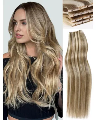Immagine prodotto di Estensioni per capelli in vera fibra, lunghezza 40 cm, doppia trama, capelli umani Remy, con micro-anelli, confezione da 2, peso 100 g, effetto ombre dal biondo