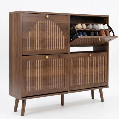 Productafbeelding van CASABEL Schoenenkast 4 Kleppen, 24 Paar, Retro Stijl, Compact Halmeubel, Donker Hout