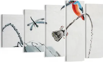 Produktbild von Bild auf Leinwand - Leinwandbild - 5 Teile - Libelle Vogel Blume - 100x60cm - Wand Bild - Wanddeko - Wandbilder - Leinwanddruck - Bilder - Wanddekoration - Leinwand bilder - Wandbild - EG100x60-4361