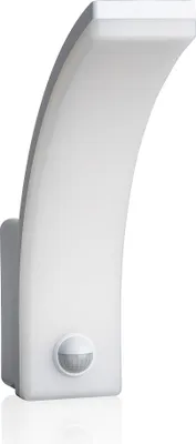 A white LED outdoor light with a motion sensor.