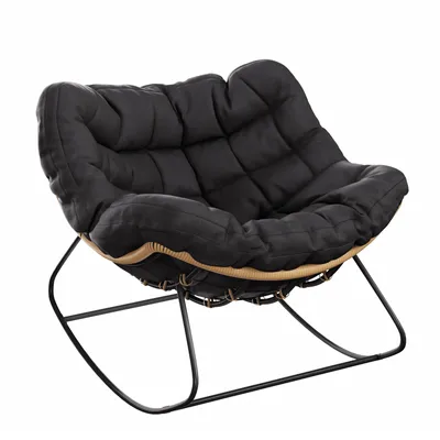 Produktbild von Schaukelsessel Extra groß Rattanstuhl Relaxstuhl mit Stahlrahmen Bis 170kg, Dicke Kissen Balkon Garten Wohnzimmer Schlafzimmer, Schwarz