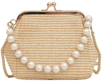 Image de Petit sac à main pochette en paille avec chaîne, pour les vacances à la plage et les voyages, couleur kaki