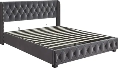 Image de Lit avec coffre de rangement - Lit rembourré 140 x 200 cm - Revêtement en velours - Tête de lit épaisse et rembourrée - Structure en bois - Design moderne