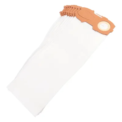 A stack of white vacuum cleaner bags with brown cardboard tops, isolated on a white background.