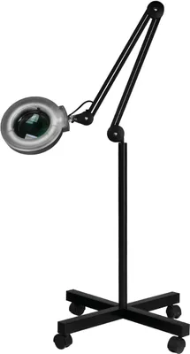 A black magnifying lamp with a stand on a white background.