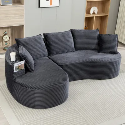Produktbild von okwish Ecksofa Schlafsofa mit Becherhalter und Stautasche Wohnzimmersofa Loungesofa mit Kissen Dreisitzer Bogesofa aus Cord Für Wohnzimmer Dunkelgrau