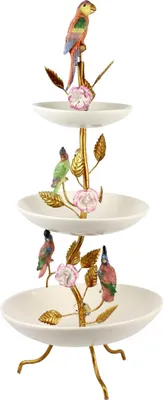 Produktbild von FURNARO Etagere Paradise Birds - dreistufige Servieretage mit Vogelmotiv, Keramik & Metall, Ø26x62cm