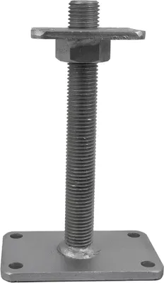 A metal post support with a threaded rod and base plate.