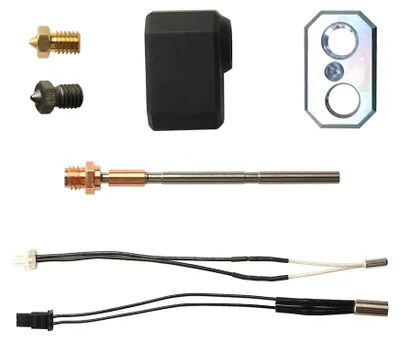 A collection of 3D printer hotend components arranged on a white background.