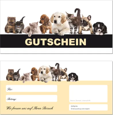 Produktbild von 100 Geschenkgutscheine (Tiere-663) - Ein schönes Produkt für Ihre Kunden Gutscheine Gutscheinkarten für Bereiche wie Geschenke, Geburtstag, Freizeit, Erholung, Hunde, Katzen, Tiernahrung, Futter, Tierfriseur