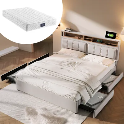 Produktbild von Sweiko Polsterbett (Doppelbett mit Lattenrost und 4 Schubladen), Stauraumbett 140x200cm mit USB Typ C Ladefunktion Kopfteil, Leinen