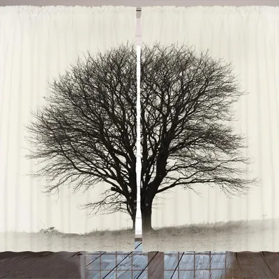 Immagine prodotto di ARANDE Tenda bianca e nera, albero solitario in un campo con molti rami spogli - paesaggio autunnale, 280 x 245 cm, avorio grigio scuro