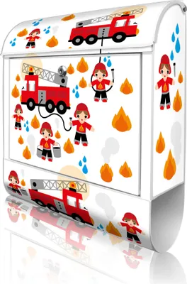 Produktbild von banjado Design Briefkasten Stahl weiß mit Zeitungsfach pulverbeschichtet "Feuerwehr" 38x46x12,5cm & 2 Schlüssel - Postkasten A4 Einwurf inkl. Montagematerial [BKW 11371]
