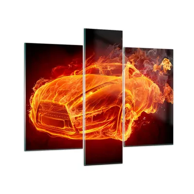 Produktbild von Bilder auf glas - Auto Flammen Räder - 95x80cm - Glasbilder - Wandbilder - Kunstdruck - zum Aufhängen bereit - Wanddekoration aus Glas - Glas Bilder - Wandbild auf Glas - 3 Teile - GCB95x80-0199