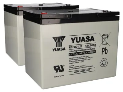 Two Yuasa batteries are shown in a studio setting against a white background.