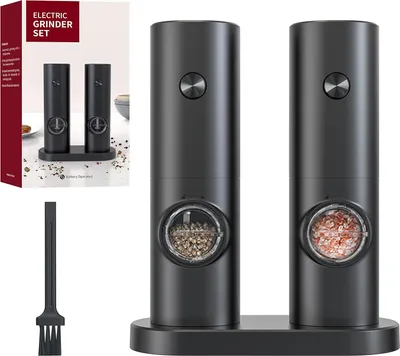 Produktbild von Elektrische Salz und Pfeffermühlen Set, Batteriebetrieben Schwarze Pfeffermühle mit Basis, 5 Grobstufen Verstellbar,  Mahlen  für BBQ Restaurant Küche