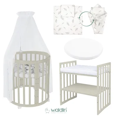 Produktbild von Mobiles Babybett OWAL aus Holz 7in1 mit Matratze, mitwachsend,Stoffe Weiß Zweige,Holz Olive