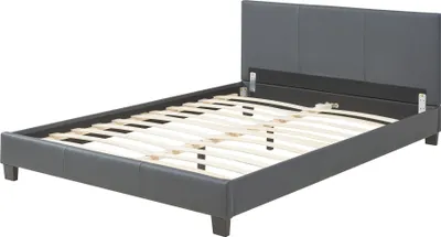 A dark gray faux leather bed frame with a slatted base, shown from a diagonal angle against a white background.