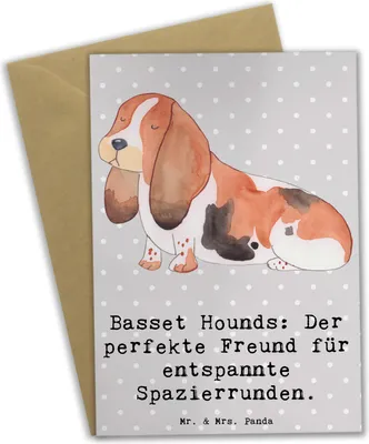 Produktbild von Mr. & Mrs. Panda Glückwunschkarte Basset Hound Freund - Grau Pastell - Geschenk, Hunderasse, Hund, Hunderassen, treuer, Jagdhund, osterkarten, osterkarte, Park