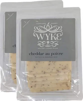 Produktbild von Food-United leicht scharfer CHEDDAR Cheese 2x160g in Scheiben mit schwarzem Pfeffer Cheddarkäse von WYKE-FARMS der englischer Hartkäse passt zu Burger Sandwiches Wraps Saucen Pizza Pasta