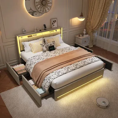 Obrázok produktu pre Čalúnená dvojlôžková posteľ – posteľ s úložným priestorom a 4 zásuvkami – 180 x 200 cm – LED osvetlenie a funkcia USB nabíjania – poťah z ľanu – béžová