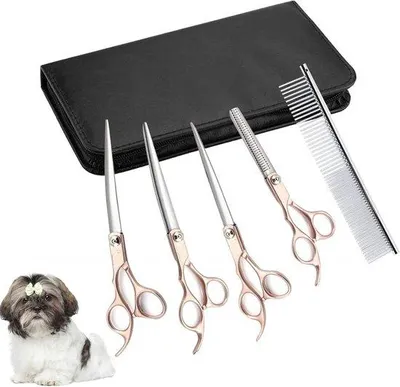 Image de Kit professionnel de ciseaux de toilettage pour animaux de compagnie : ciseaux en acier inoxydable de 18 cm avec manche en caoutchouc, kit de toilettage pour chiens et chats, pour couper et raser les poils - 4 pièces