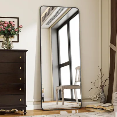 Produktbild von Ganzkörperspiegel 58 x 168 cm Schwarz mit Ständer zum Anlehnen oder Aufhängen Sicherheitsglas