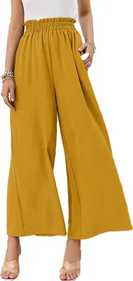 Image de ASKSA Femmes Pantalon d'été taille haute Pantalon large Jupe-culotte plissée Pantalon d'été loisirs avec poche, Jaune, XL