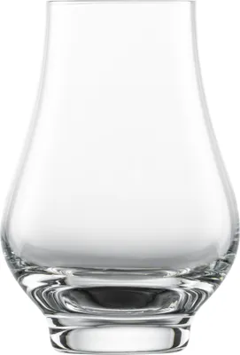 A clear glass whisky tumbler on a white background.