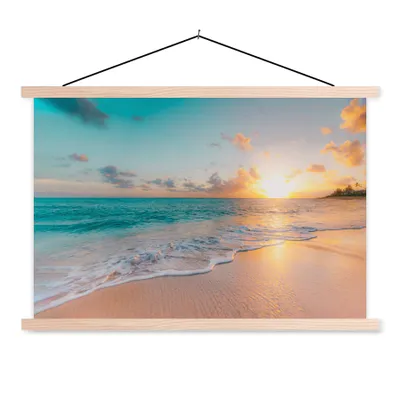 Produktbild von MuchoWow® Textilposter Sonnenuntergang - Strand - Meer - Sommer - Blau 60x40 cm mit holzfarbenen Rahmen - Bilder