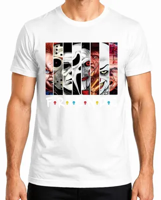 Productafbeelding van Vrienden: Horror Iconen - T-shirt met afbeeldingen van Jason, Michael Myers, Pennywise, Freddy Krueger en Chucky. Wit, maat XL