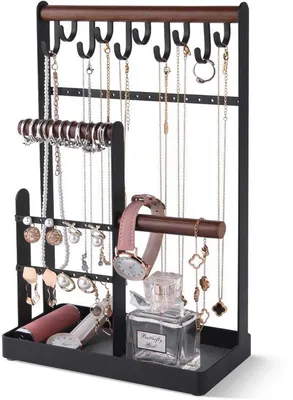 Immagine prodotto di Contenitore per gioielli Unyqoos® in metallo: porta gioielli compatto a 5 livelli (20 x 10 x 32 cm) con scomparto per anelli, cassetto rivestito in velluto, 34 fori per orecchini, 2 supporti per bracciali e 10 ganci