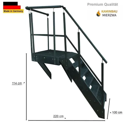 Produktbild von Podesttreppe Wangen- Stahltreppe 6 Stufen Höhe 114 cm inklusive Podest 100x100cm mit Geländer Anthrazit / Ausrichtung Treppe Rechts / Aussentreppe