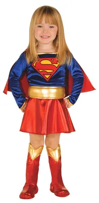 Produktbild von Kinderkostüm Supergirl XS (2-3 Jahre) Kleid mit angenähtem Cape und Stiefel-Überziehern aus glänzendem Stoff