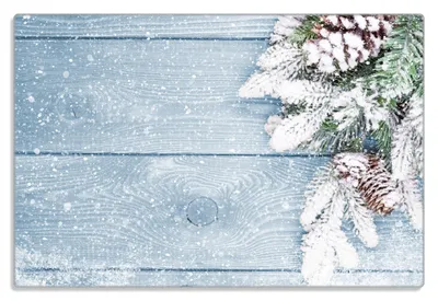 Produktbild von Wallario Frühstücksbrettchen aus Glas 20 x 30 cm mit rutschfesten Füßen, Motiv Verschneite Tannenzweige auf Holz - Winterdekoration