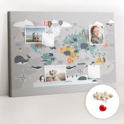 Obrázek produktu pro Korková nástěnka s kolíčky - Tabule s kolíky pro fotografie a poznámky - 100x70 cm - Připínáčky dřevěné 100 kusů - Kreslená mapa