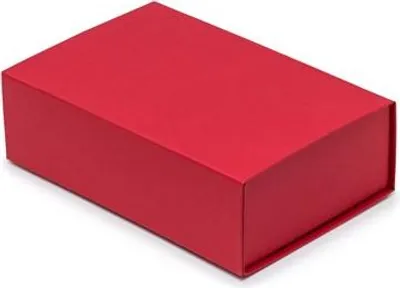 A red gift box on a white background.