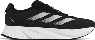 A black Adidas running shoe with white accents and a white sole, shown from the side against a white background.