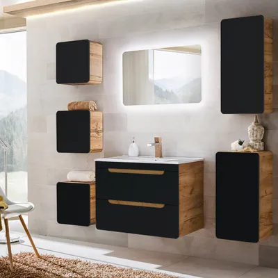 Produktbild von Badmöbel Komplettset in seidenmatt anthrazit mit Wotan Eiche Nb. NEW-LUTON mit 81 cm Keramik-Waschbecken & LED-Spiegel, B/H/T ca. 180/200/46 cm