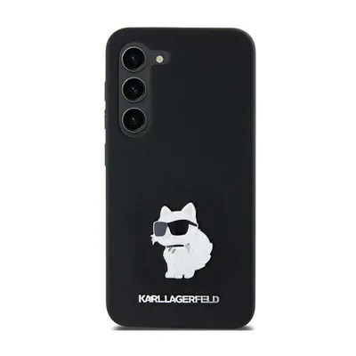 A black smartphone case with a white cartoon cat wearing sunglasses and the brand name "KARLLAGERFELD" printed below it, set against a white background.