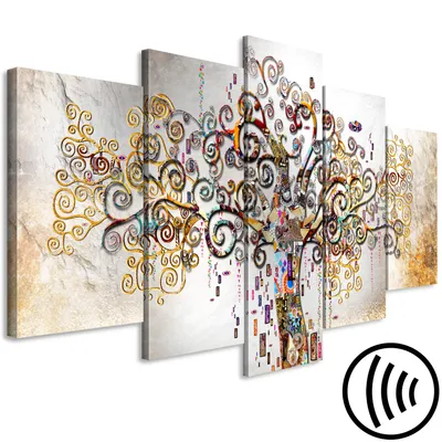 Produktbild von Akustikbild Gustav Klimt Baum des Lebens 200x100 cm Bilder Akustikschaum Hochleistungsschallabsorber Schallschutz Leinwand 5 tlg Wandbild Raumakustik Schalldämmung l-A-0055-b-m
