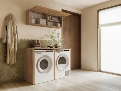 Produktbild von PLATAN ROOM Waschmaschinenumbauschrank Set DORA, 130 cm breit, Überbauschrank für Waschmaschine und Trockner, Eiche Gold