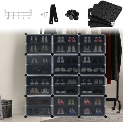 Obrázek produktu pro Stojan na boty 3 * 8 úrovní DIY skříňka na boty PP Plastové úložiště obuvi 24 přihrádek s dveřmi Modulární stojan na boty Úspora místa pro třídění obuvi, černá CEEDIR