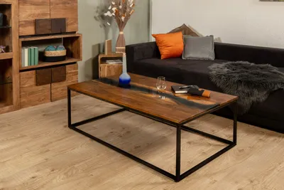 Produktbild von Couchtisch Beistelltisch 120 x 70 cm Akazie massiv mit Kunstharz-Ader mittig und Eisengestell SATI