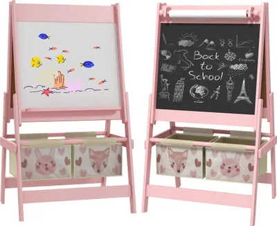 Image de Chevalet pour enfants - 3 en 1 - Double face - Avec rouleau de papier - MDF et bois de pin - 54 x 46,5 x 93 cm - Rose