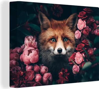 Produktbild von MuchoWow® - Leinwandbilder - Fuchs - Blumen - Tiere, Wandbild, Wanddeko Bilder Wohnzimmer, 120x90 cm