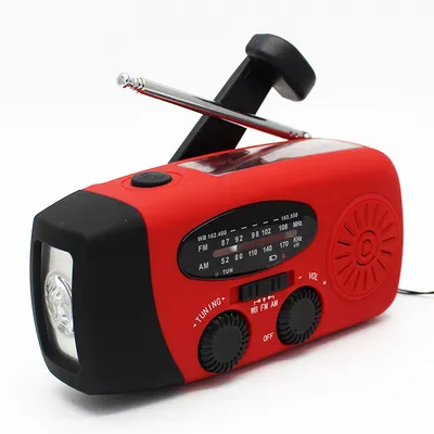Imagen del producto de Radio de emergencia multifunción, con manivela, recargable por energía solar, portátil, color rojo
